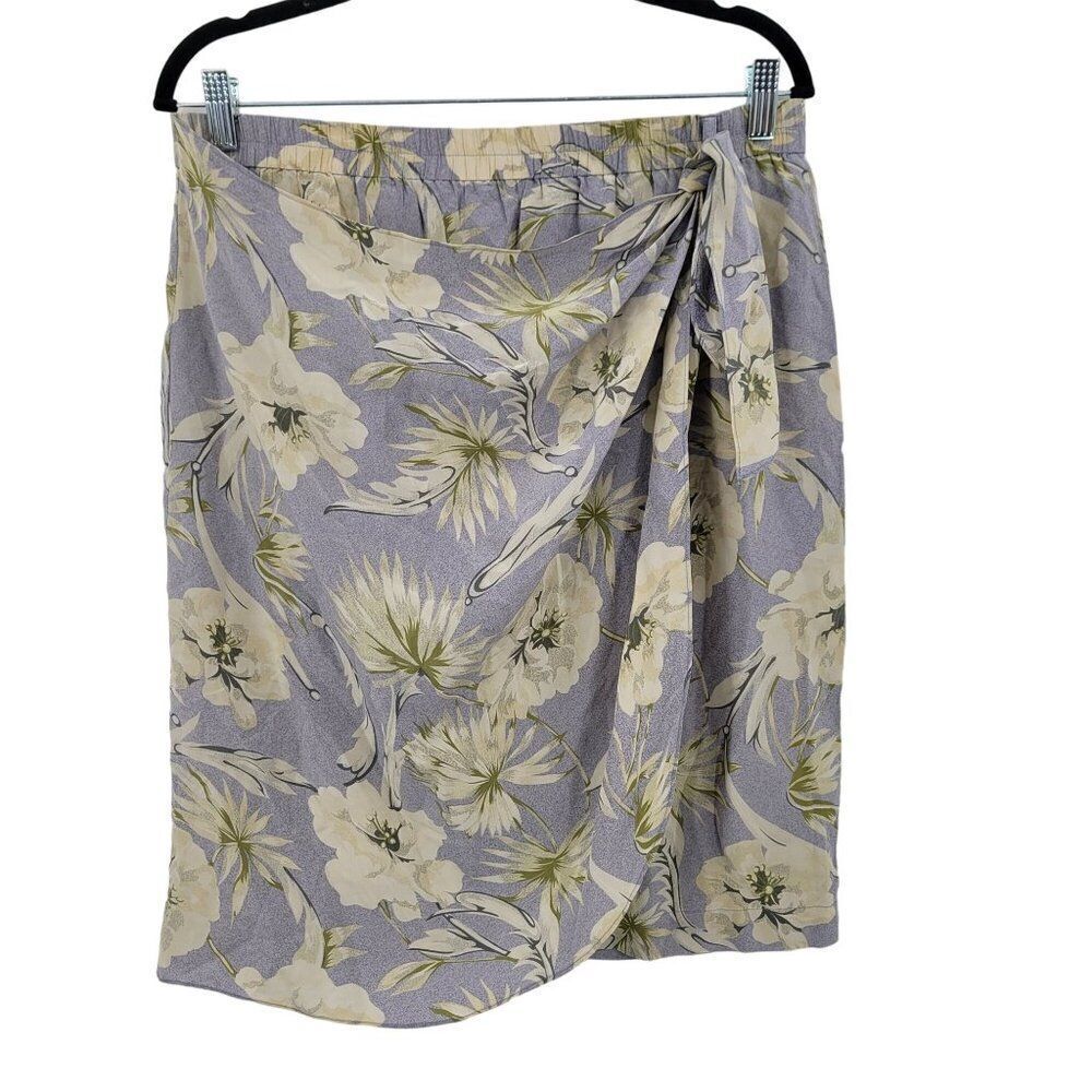 Vintage Silk Faux Wrap Skirt‎ L Lavender Cream Floral Elastic Waist Tea Length